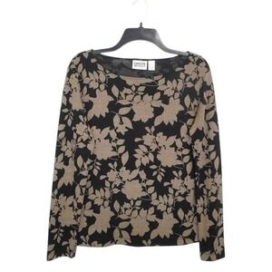 Chicos Design Top Womens 1 US Small Black Beige Long Sleeve Floral Print Neutral